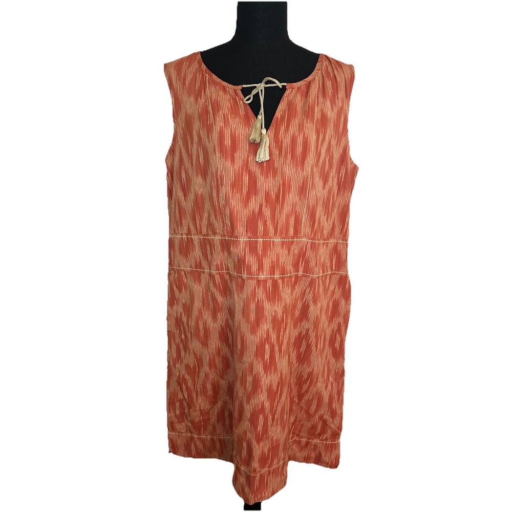 Toad & Co Shakti Sleeveless Ikat Coral Blaze Pockets Tassel Organic Dress LARGE‎